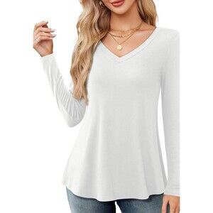 Amoretu Women's Polyester V-Neck Long Sleeve Basic Tunic Tee T-Shirt - White L